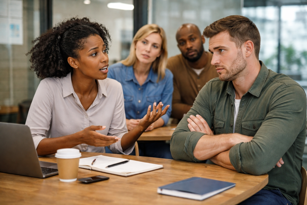 office conversation with mixed reactions